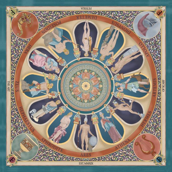 Batic matase naturala-The Olympian Gods - teracota-turcoaz