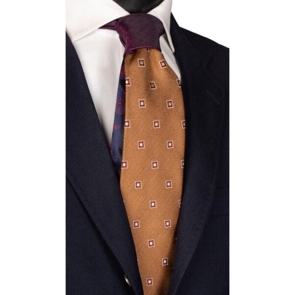 Cravatta-Marrone-Chiaro-Fantasia-Bordeaux-Beige-Nodo-in-Contrasto-Viola-Blu-N2782