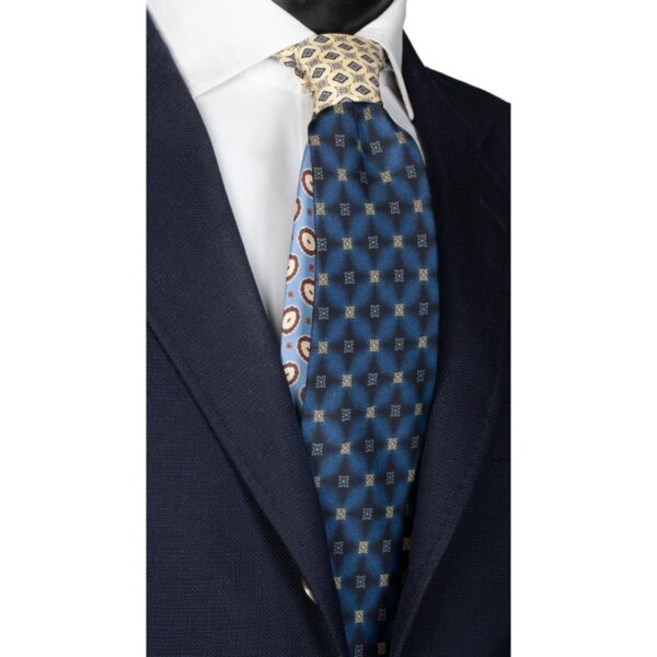 Cravatta-Stampa-Blu-Gialla-Grigia-Nodo-in-Contrasto-Beige-N2350