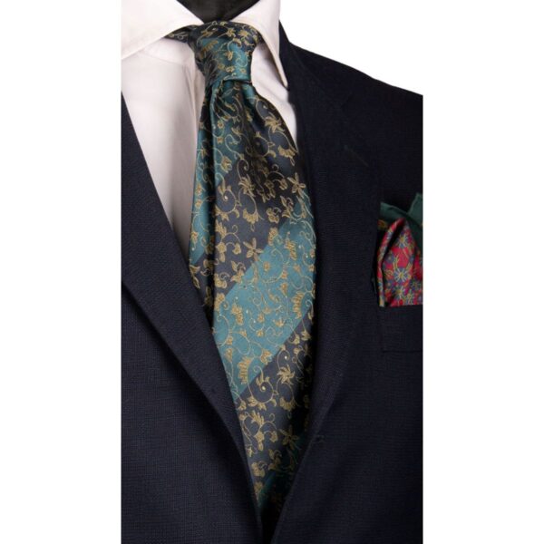 Cravatta-Vintage-Regimental-di-Seta-Blu-Avio-Blu-a-Fiori-Verdi-CV69