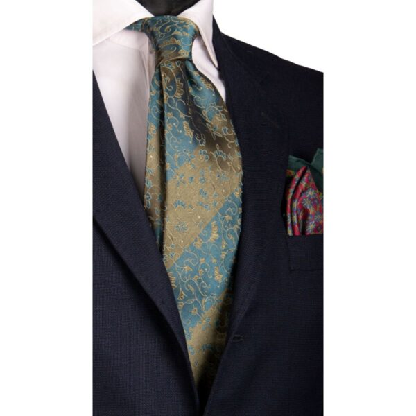 Cravatta-Vintage-Regimental-di-Seta-Blu-Avio-Verde-Oliva-a-Fiori-Tono-su-Tono-CV68
