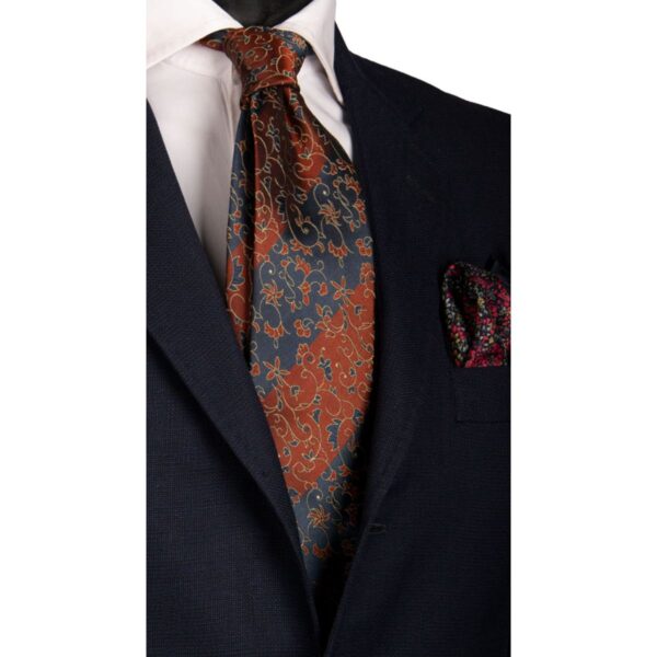 Cravatta-Vintage-Regimental-di-Seta-Blu-Marrone-a-Fiori-Tono-su-Tono-Beige-CV65