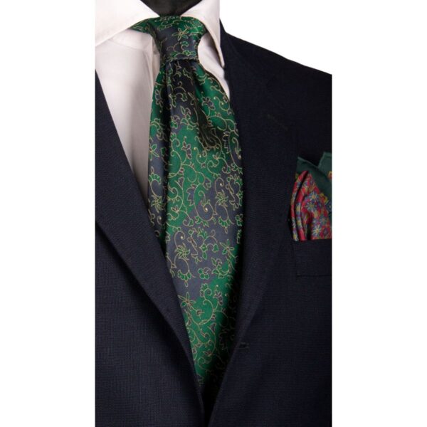 Cravatta-Vintage-Regimental-di-Seta-Blu-Verde-Bottiglia-a-Fiori-Tono-su-Tono-CV67