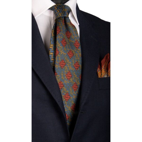 Cravatta-Vintage-in-Saia-di-Seta-Blu-Avio-Verde-Marrone-Fantasia-Nodo-in-Contrasto-CV165
