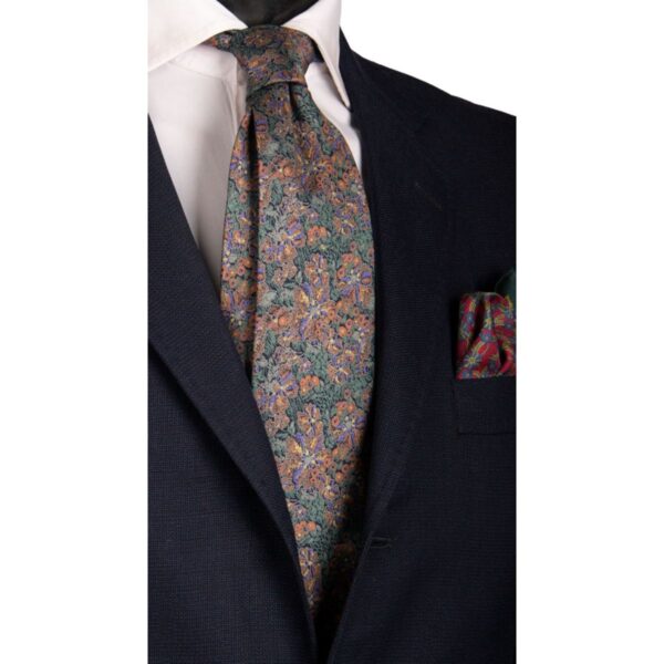 Cravatta-Vintage-in-Saia-di-Seta-Verde-Blu-a-Fiori-Viola-Ruggine-CV696