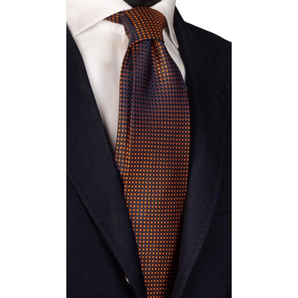 Cravatta-di-Seta-Blu-a-Pois-Tono-su-Tono-Arancione-1419