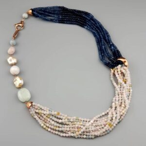 colier epic din acvamarin multicolor agat albastru safir si perle